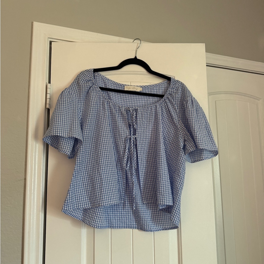 Blue Gingham Tie-Front Women's Top